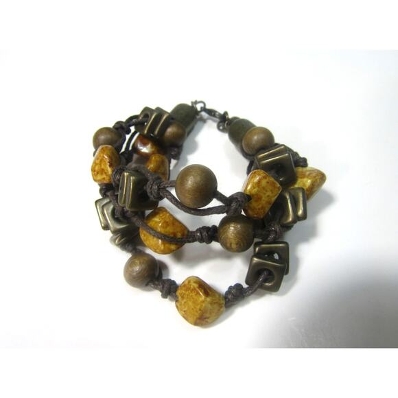 Brass Brown Marble Yellow 3 Tier Bracelet 5 1/2" Boho Whimsigoth Cottagecore - Picture 1 of 4